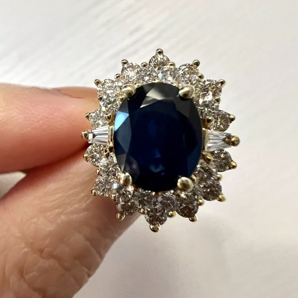 **SOLD**Natural Blue Sapphire & Diamonds Cocktail Ring 14k Yellow Gold.